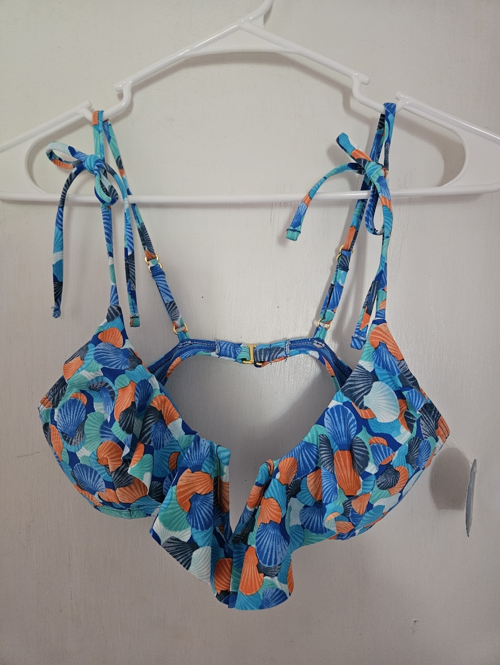 Decree Tropical Shell Print Bikini Top - Blue & Coral M
